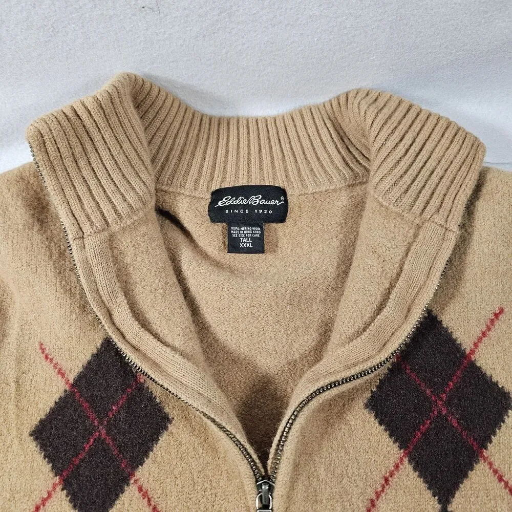 Eddie Bauer Sweater Mens 100% Merino Wool Brown Argyle Zip Mock Neck XXXL TALL